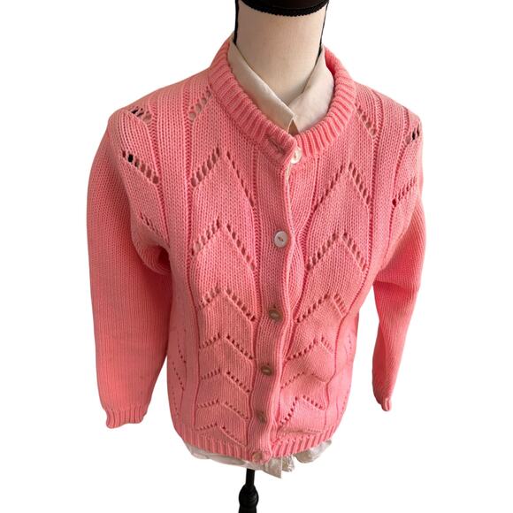 Vintage Pink Knit Cardigan Chevron Eyelet Design Button Front Women’s M - Picture 2 of 8
